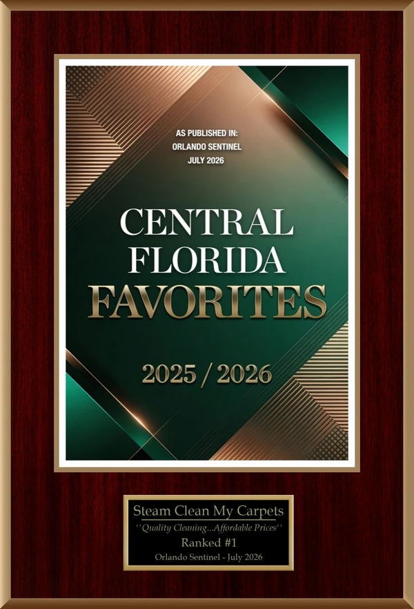 steam-clean-my-carpets-award-full-plaque-600w Steam Clean My Carpets award plaque — Central Florida Favorites 2025/2026, Ranked #1, Orlando Sentinel, July 2026.